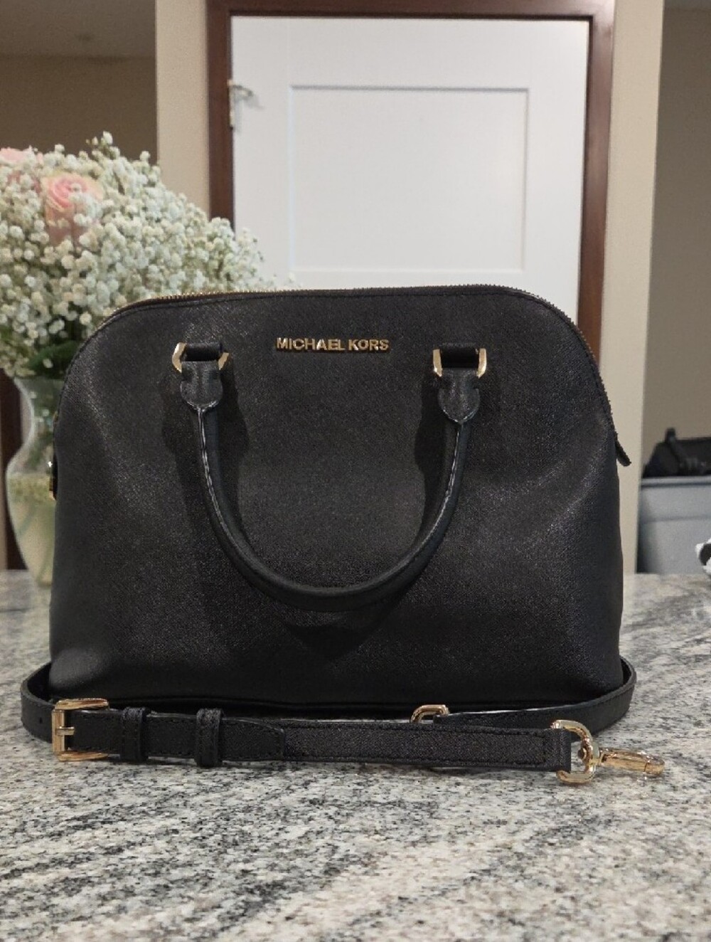 Michael Kors Black Dome Satchel with Gold Accents